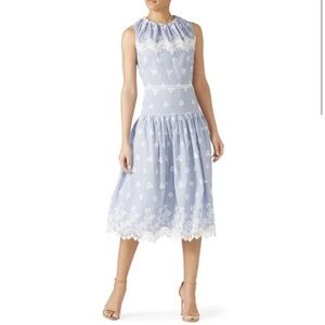 Monique Lhuillier Blue Sleeveless Embroidered Lace Poplin Midi Dress Size 14